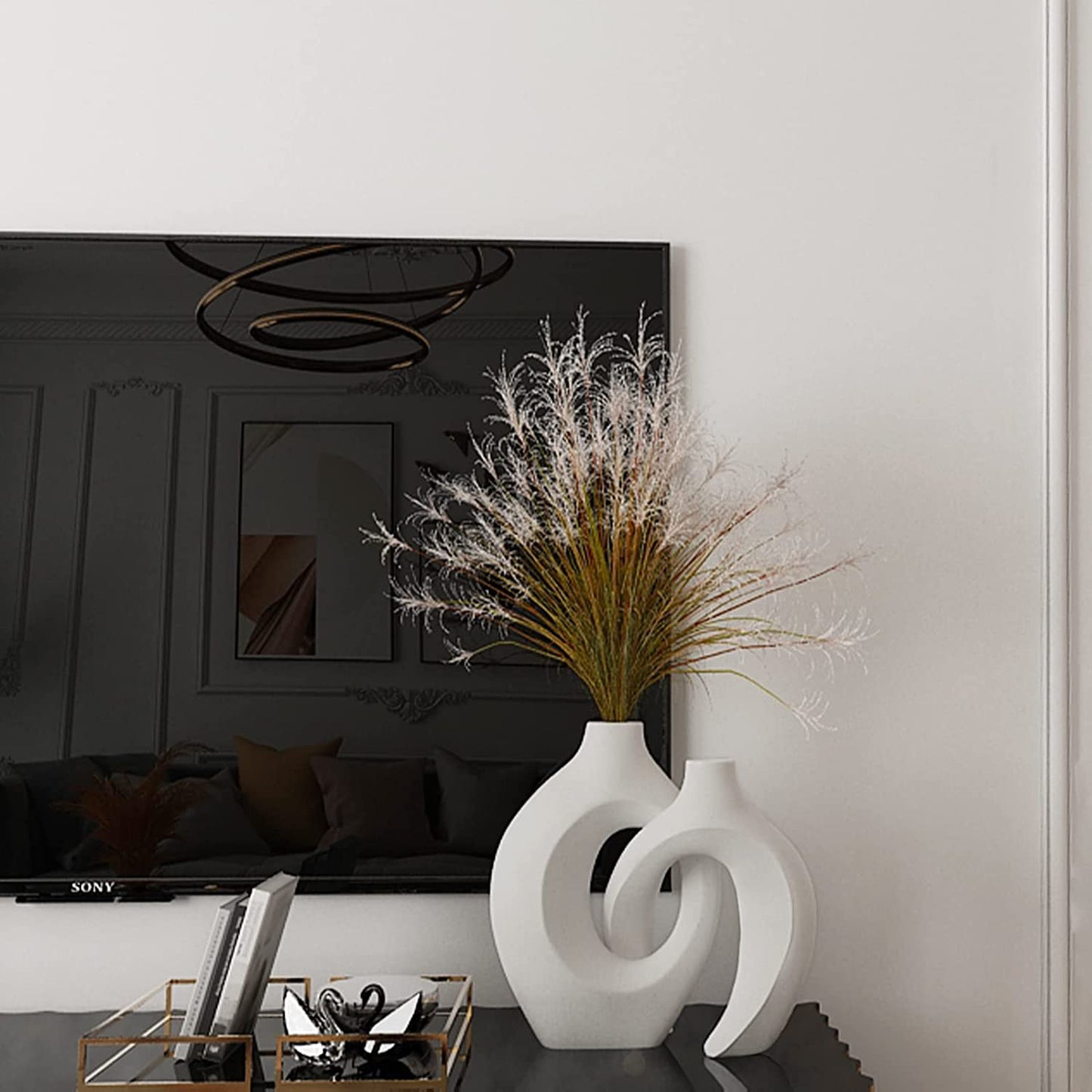 Set of 2 Ceramic Round Vases - Perfect for Pampas Grass and Dry Flowers. These Minimalist Vases add Decorative Elegance to Tables in the Living Room, Bedroom, Dining Room, Office, and more.
