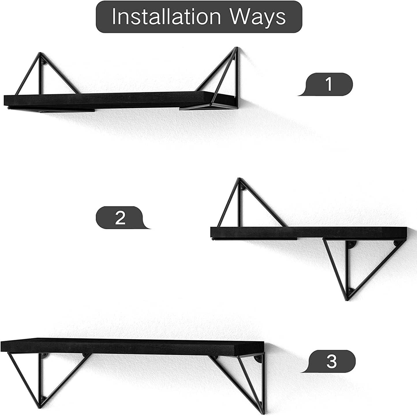 Set of 3 Rustic Wood Wall Mounted Floating Shelves - Ideal for Bedroom, Bathroom, Living Room, Kitchen in Black