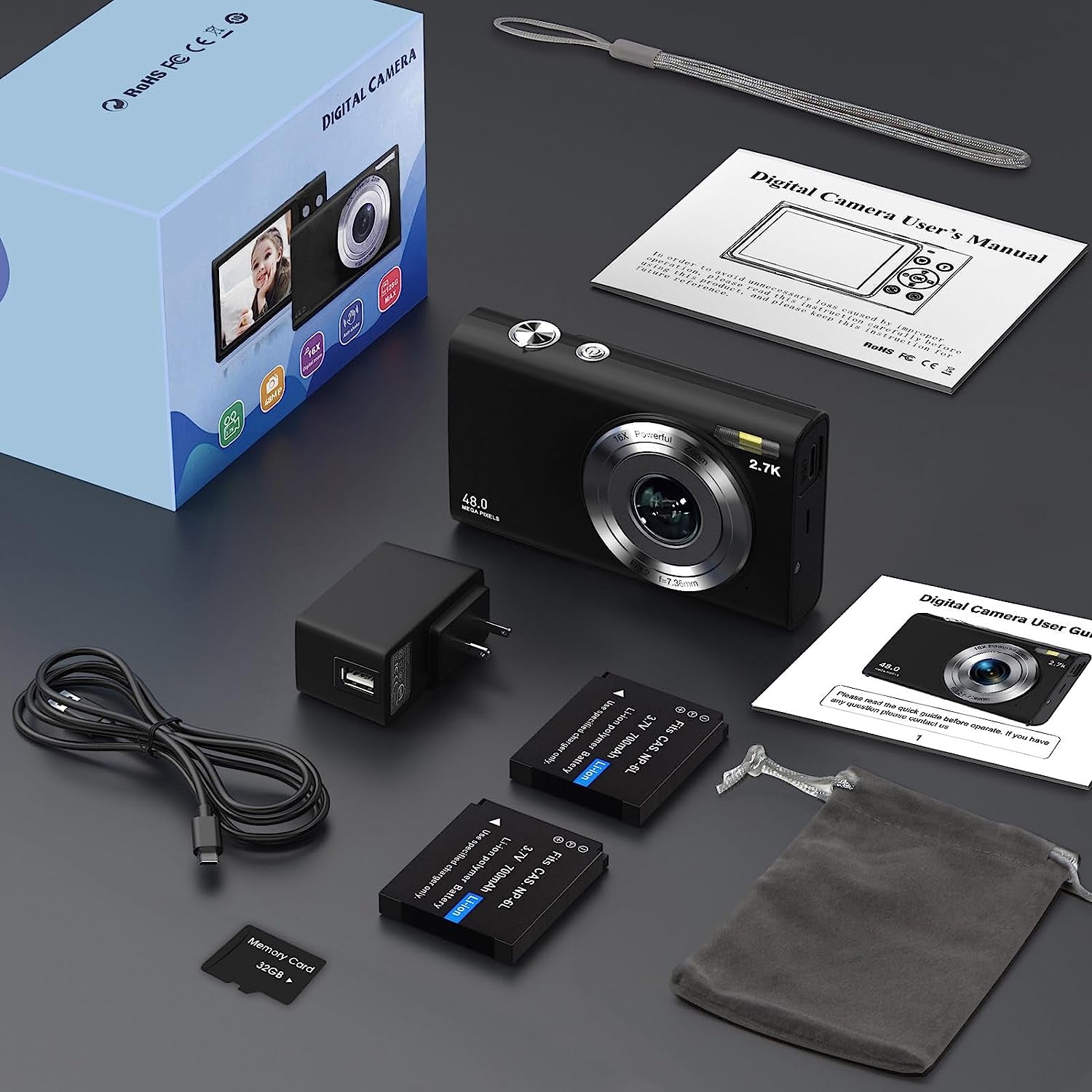 Portable Mini Compact Digital Camera Auto Focus HD 2.7K Vlogging Camera with 48MP, 16X Digital Zoom, 32GB Memory Card, 2 Batteries - Perfect for Kids, Teens, Adults, and Beginners for YouTube and More