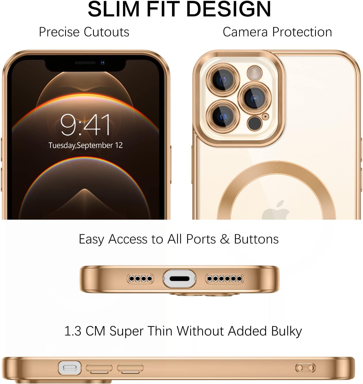 iPhone 12 Pro Magnetic Case - Clear, flexible TPU cover with Magsafe compatibility. Shockproof and anti-scratch. Clear/Gold.