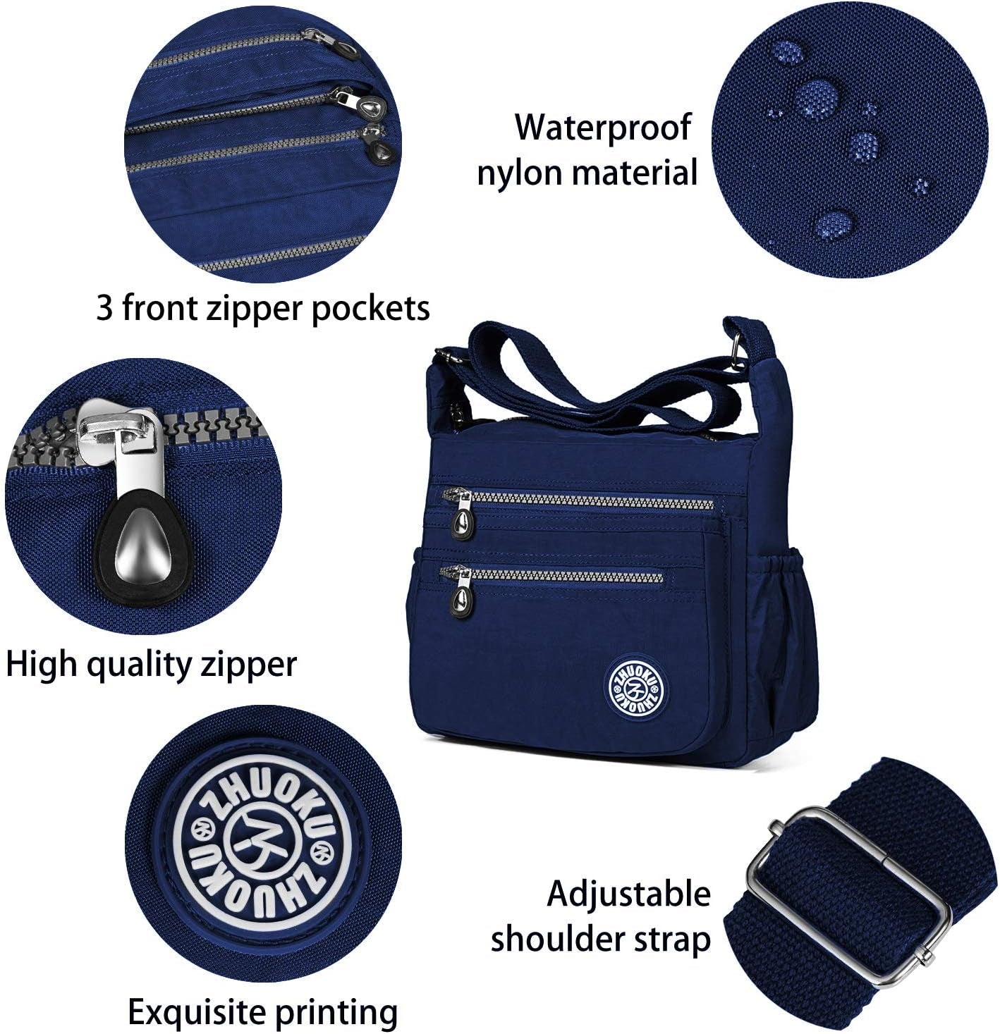 Fashion Women Nylon Shoulder Bag Waterproof Crossbody Purse Organize Travel Messenger Bag Deep Blue