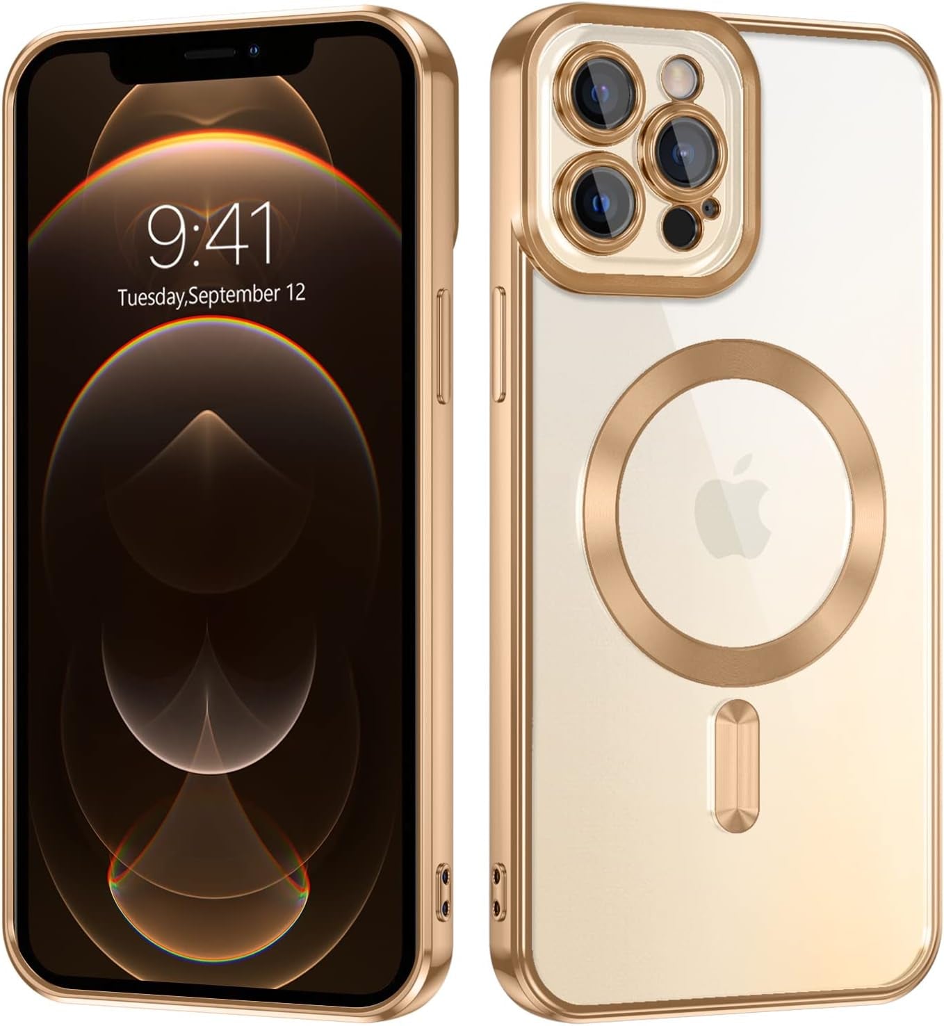 iPhone 12 Pro Magnetic Case - Clear, flexible TPU cover with Magsafe compatibility. Shockproof and anti-scratch. Clear/Gold.