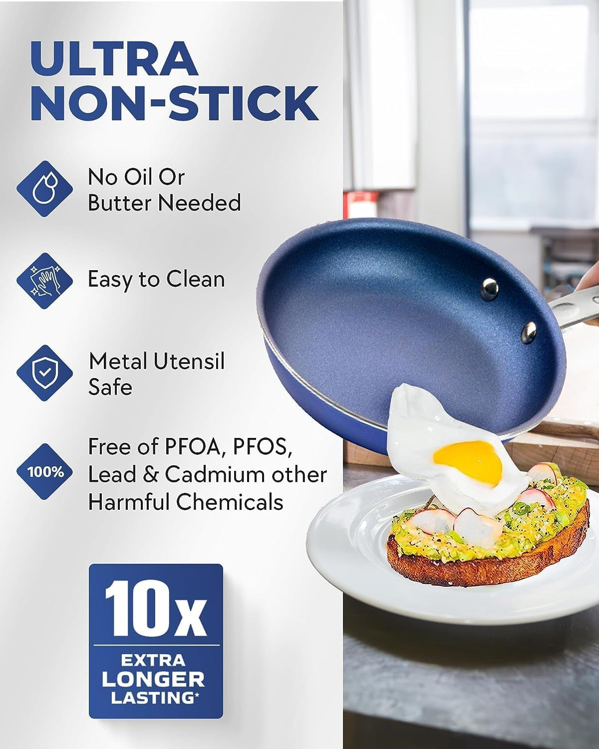 Blue 10-Piece Non-Stick Cookware Set - High-Quality, Long-Lasting Kitchen Set with Pot and Pan Set, Heat-Resistant Handles, Oven and Dishwasher Safe, 100% Toxin-Free