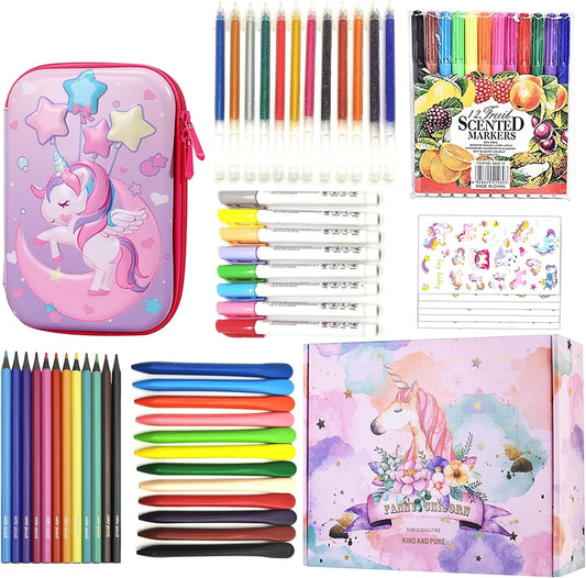 63-Piece Art Supplies Kit for Girls and Boys - Includes Fruit Scented Markers, Unicorn Pencil Case, Gel Pens, Outline Markers, Colored Pencils, and Crayons for Creative Drawing