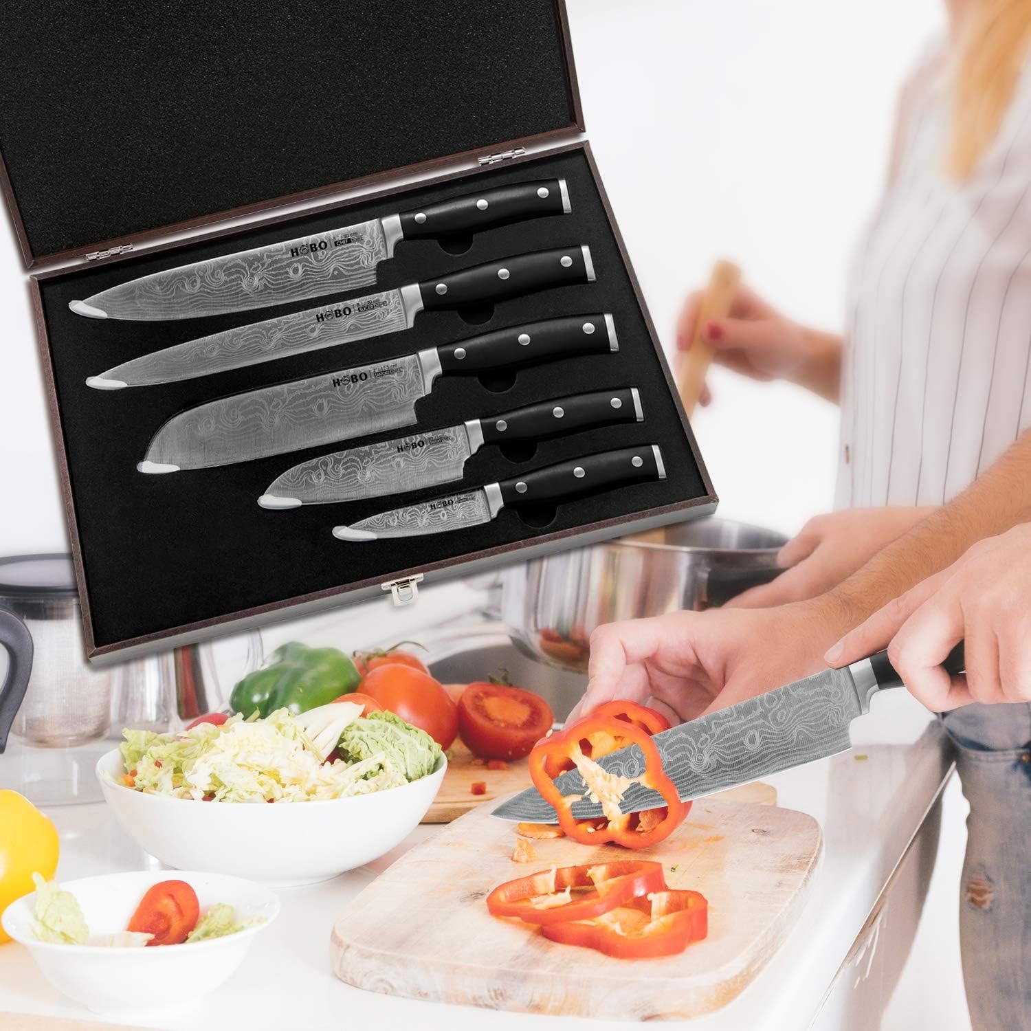 5-Piece Professional Kitchen Knife Set - Stainless Steel Finish, Includes Chef Knife, Bread Knife, Carving Knife, Utility Knife, and Paring Knife, Presented in a Wooden Box.