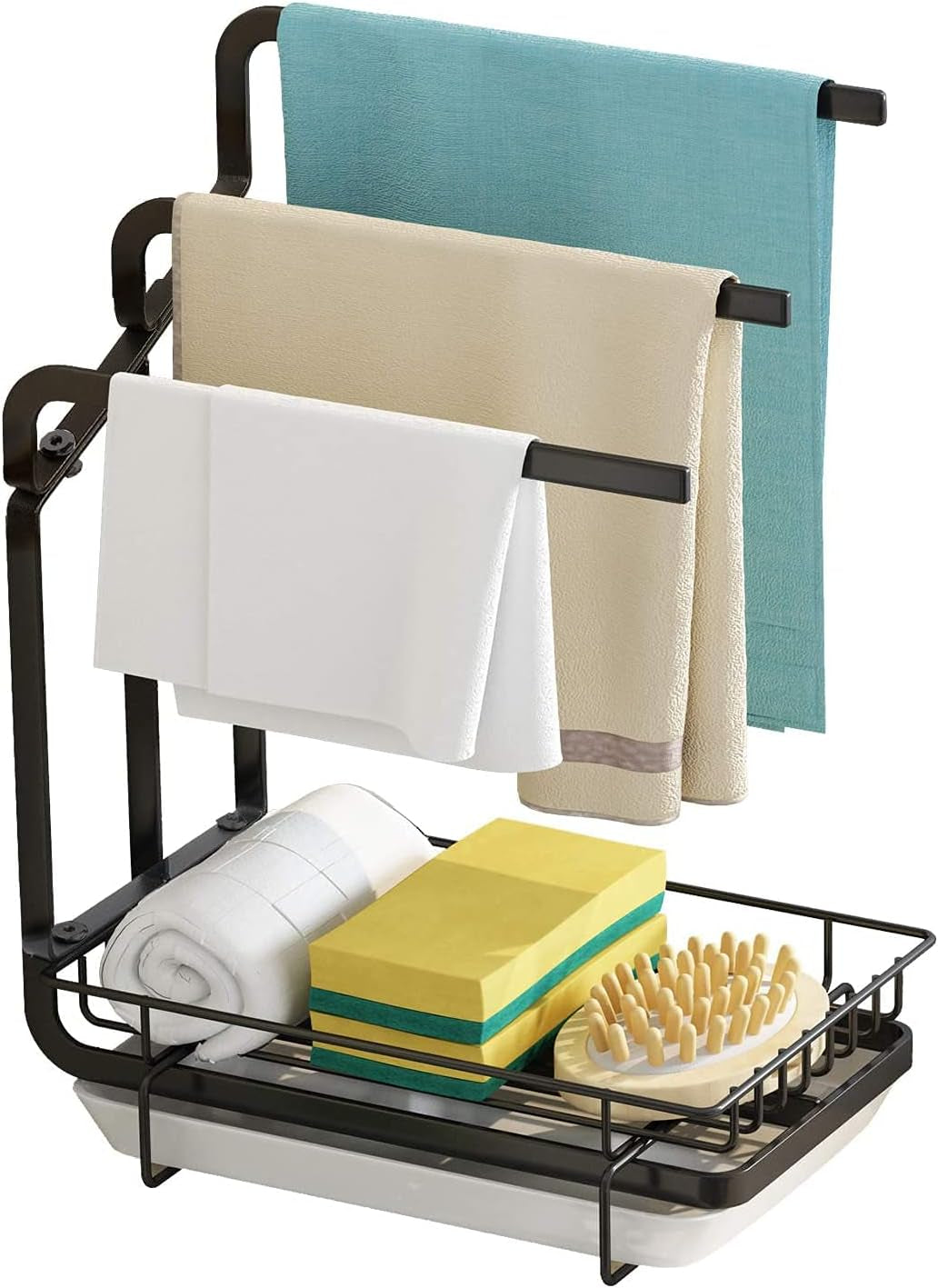 Sink Organizer for Kitchen or Bathroom - Kitchen Sponge Towel Rack with Drain Pan Tray and Towel Rail, Efficiently Holds Sponges and Towels, Enhancing Sink Area Organization; Stylish Black Design