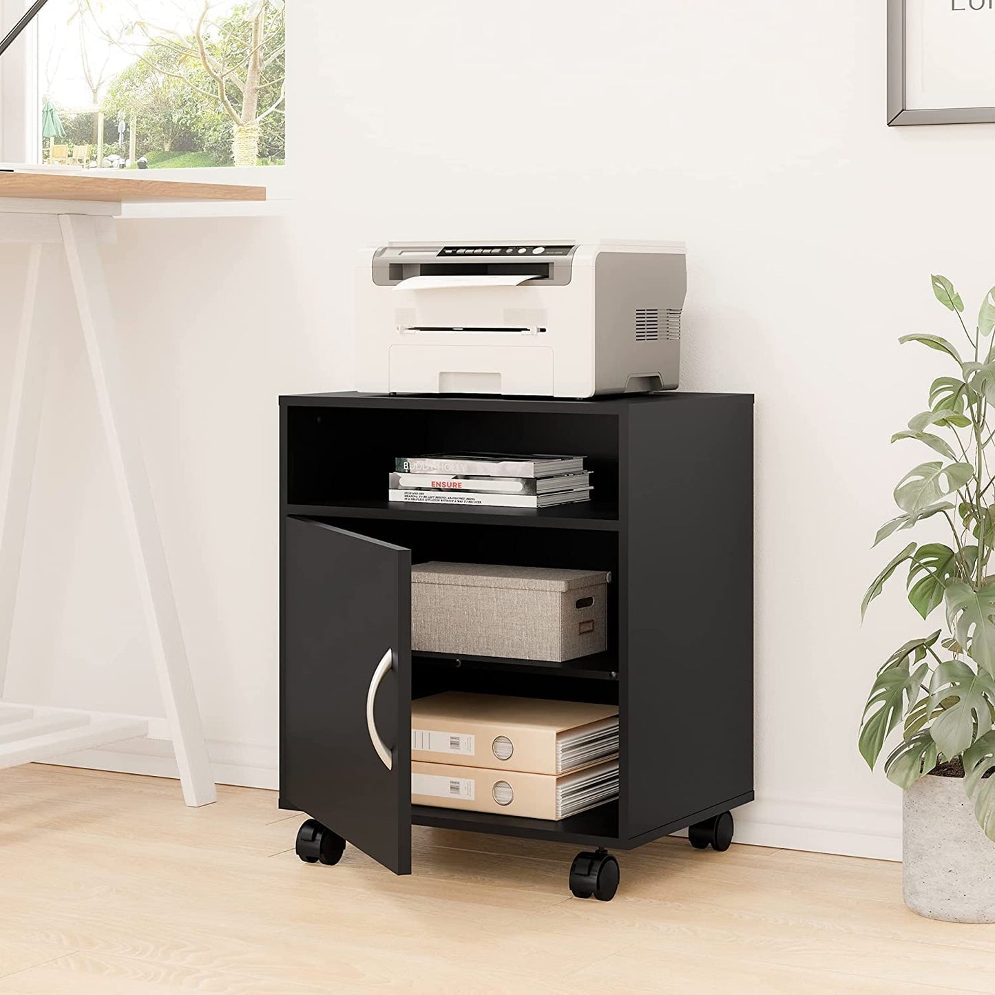 Black Wood Rolling File Cabinet: Printer Stand with Adjustable Storage, Mobile Work Cart on Wheels for Home Office