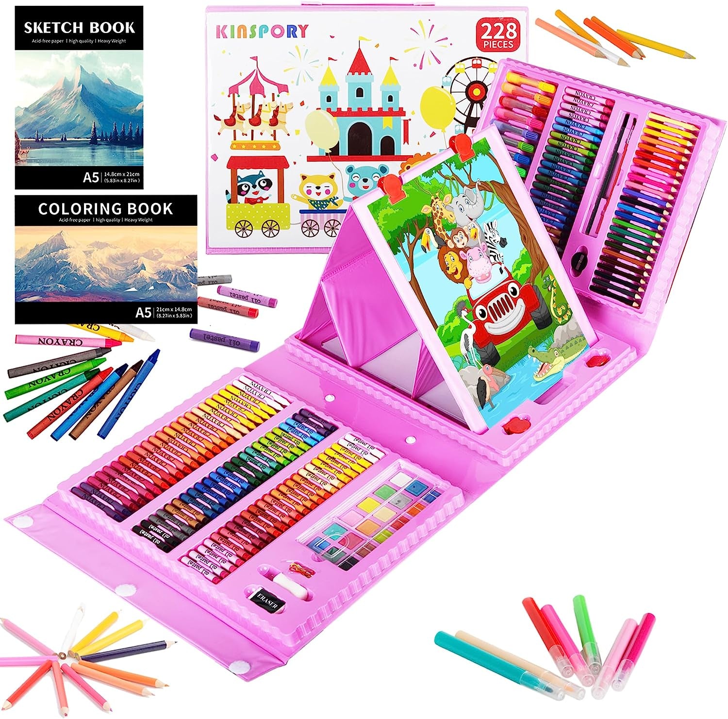 228 Pack Kid's Art Set - Crafts Drawing Coloring kit, Double-Side Trifold Art Easel, Oil Pastels, Crayons, Colored Pencils, Creative Gift for Beginners Artists 