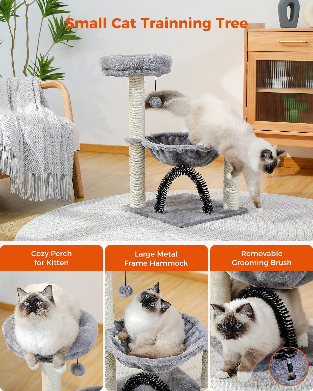 28" Small Cat Tree with Plush Hammock, Scratching Post, Top Perch, Cat Brush, and Dangling Ball - Ideal for Indoor Kittens - Grey