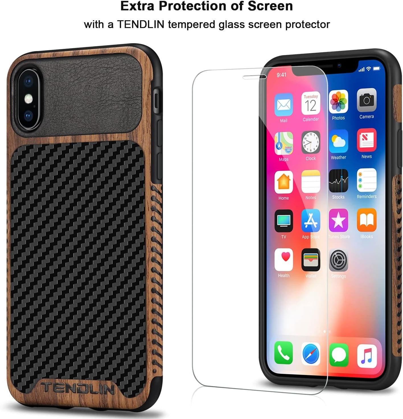 iPhone Xs Case/iPhone X Case with Wood Grain and Carbon Fiber Texture Design. Compatible with both iPhone X and iPhone Xs. Slim and stylish.