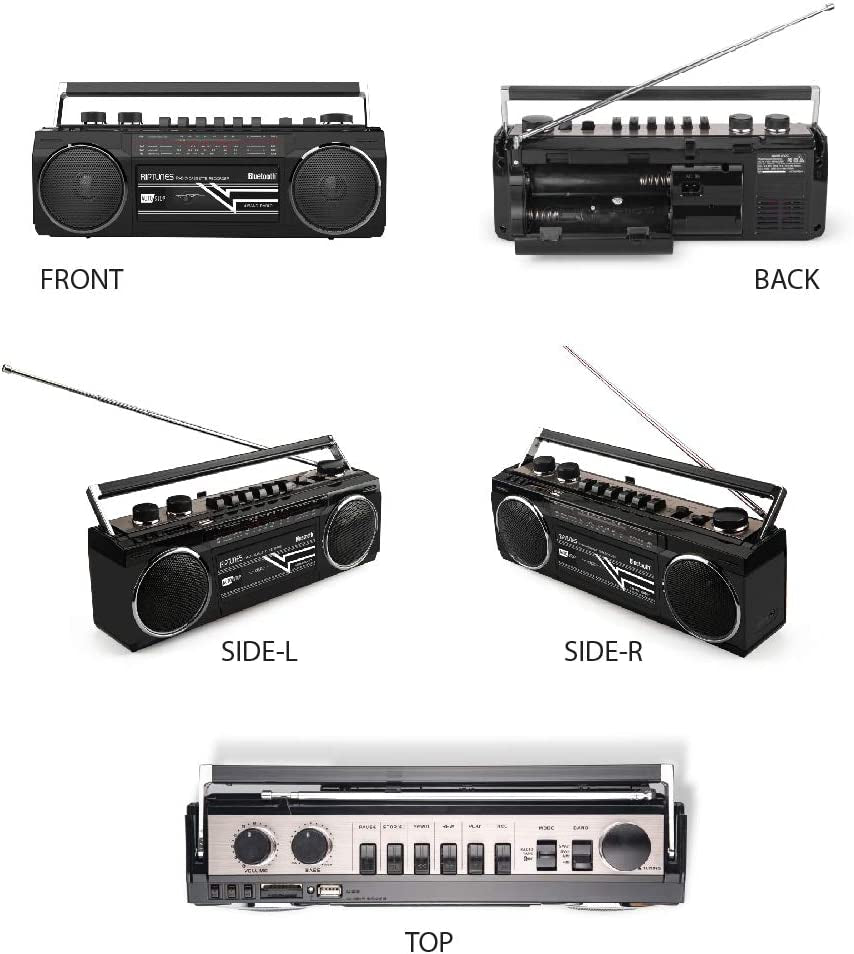 Retro Bluetooth Boombox with Cassette Player and Recorder, AM/FM/SW-1-SW2 Radio, USB, SD, and Aux in - Black