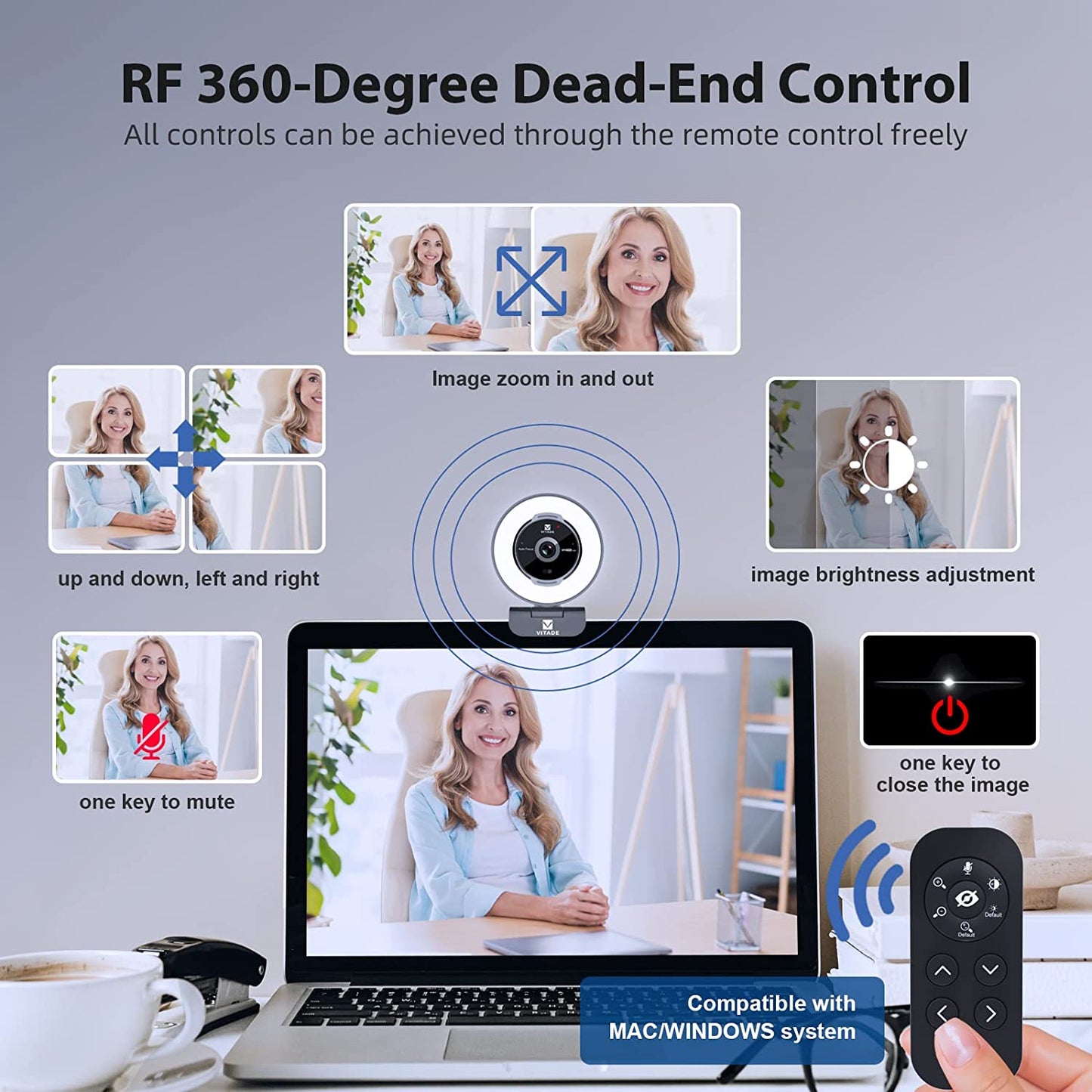 Remote-Controlled Zoom Webcam: Vitade 1080P 60FPS Streaming Webcam with Ring Light and Tripod - USB, 5X Digital Zoom - Ideal for Zoom, Skype, Teams, Laptop, Mac, Windows