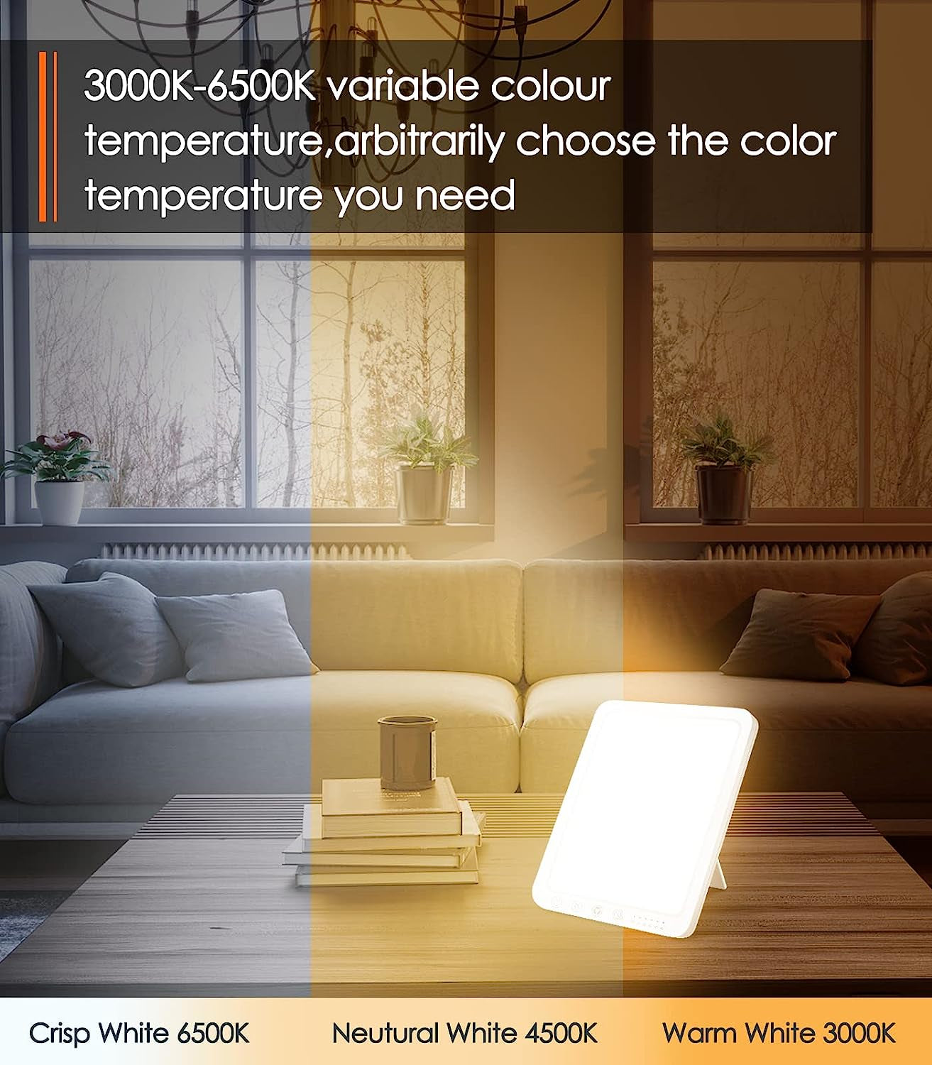 UV-Free Light Therapy Lamp with Timer, 12,000 Lux Brightness, 5 Brightness Levels, 3 Color Temperature Modes, Memory Function, Wall-Mountable with 180° Rotatable Stand, Compact for Home Office and Travel