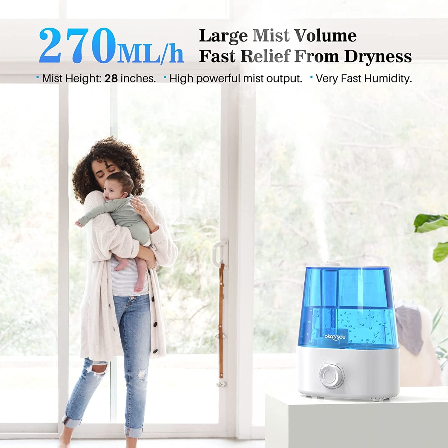  Large Room Humidifier with Essential Oil Diffuser, 2.2L Capacity, Quiet Cool Mist Ultrasonic Technology, 360° Mist Nozzle, Easy-Fill Tank, Auto Safety Shut-off, Blue Color