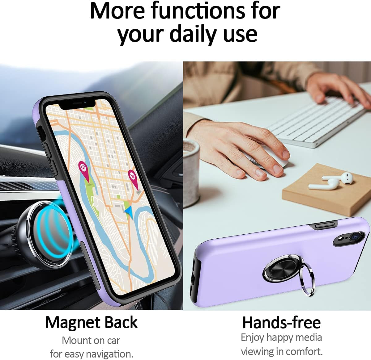 iPhone XR Case with Screen Protector, Purple, Dual Layer Heavy Duty Protective Shockproof Cover with Built-in Ring Holder Kickstand Magnetic Slim Case.