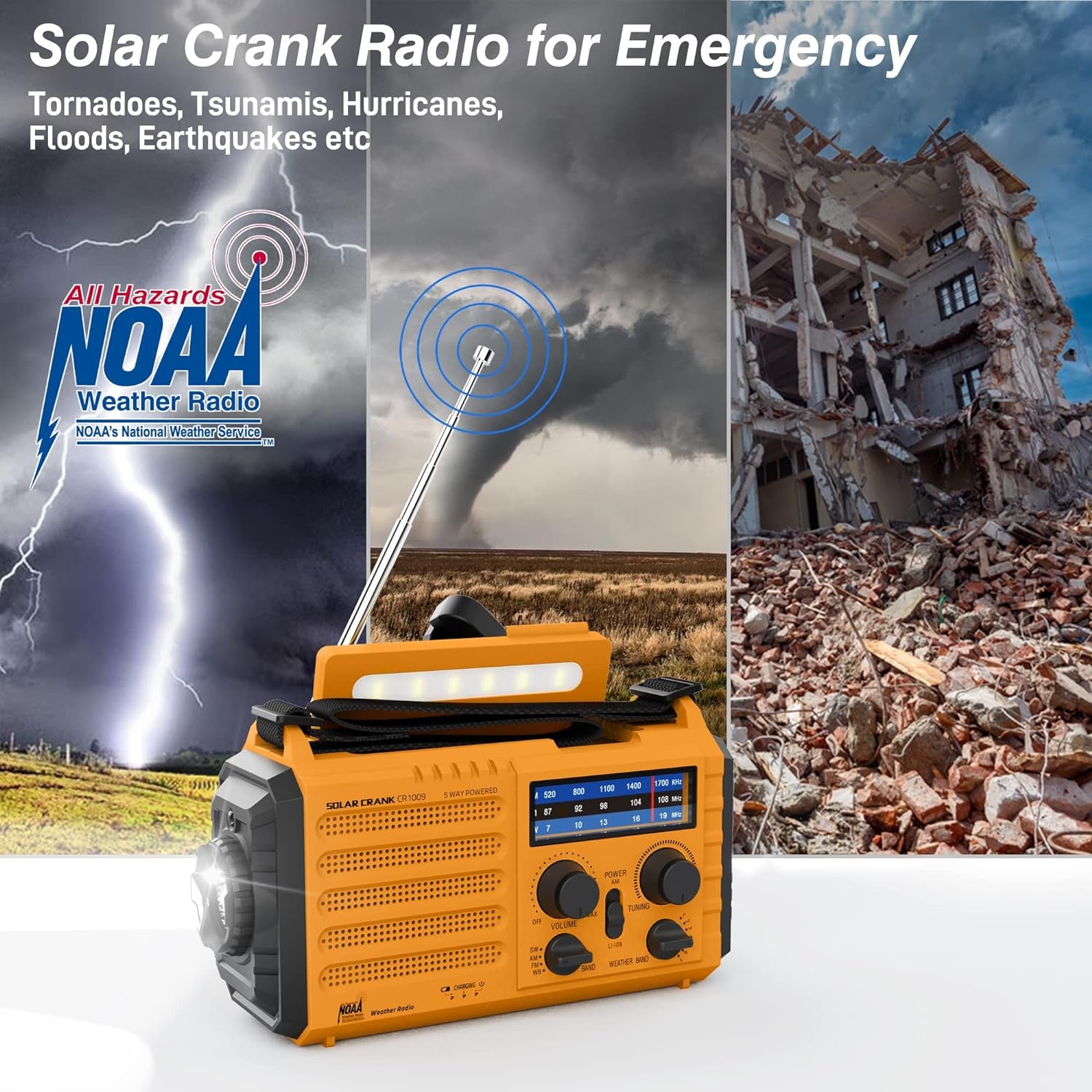 Portable AM/FM/NOAA Weather Radio with Solar Panel, Hand Crank, USB Charging, LED Flashlight, Reading Lamp, SOS, Compass - Ideal for Emergency Situations and Power Outages