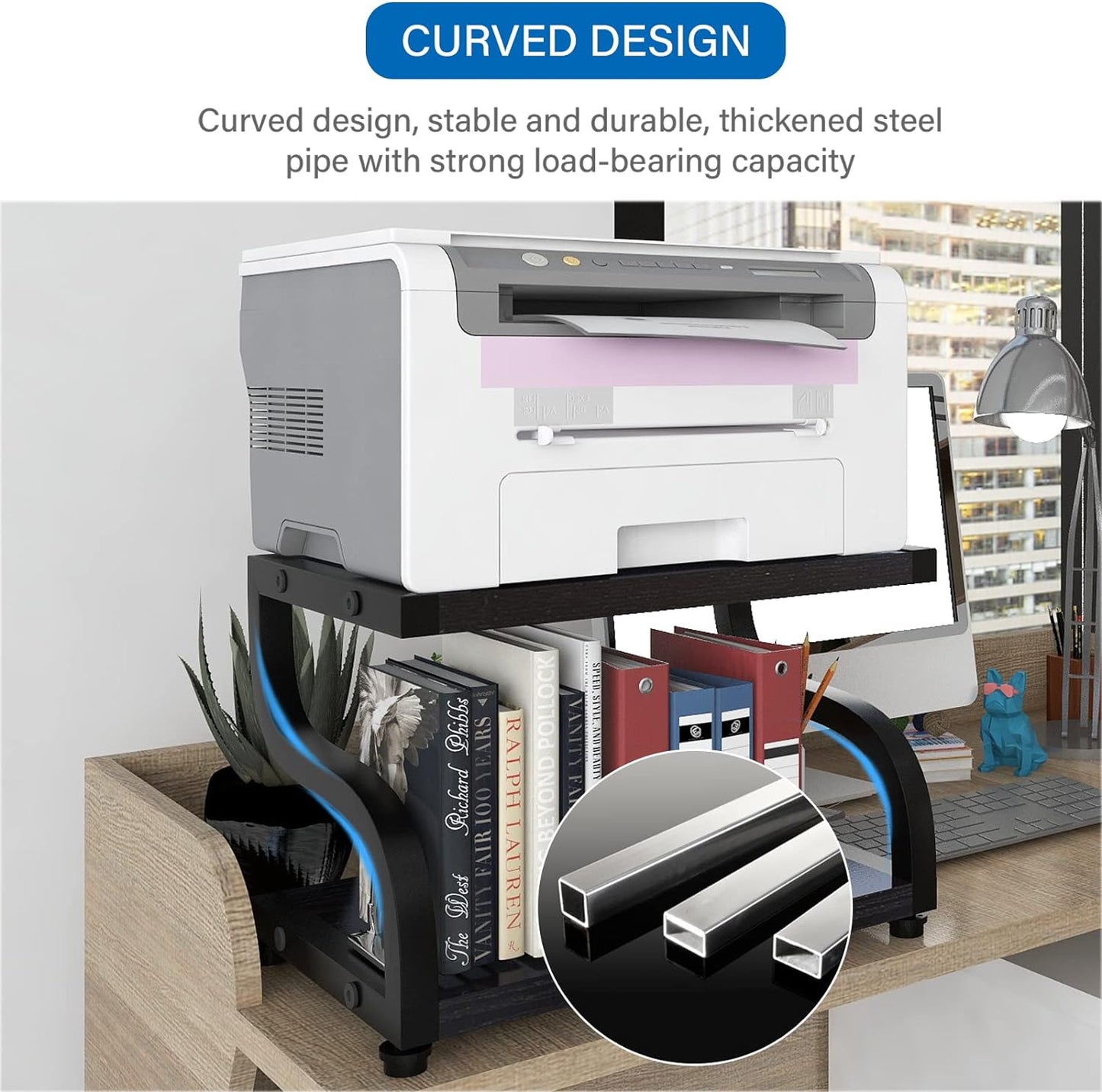 2-Tier Retro Wood Desktop Printer Stand with Storage and Heavy Duty Organizer Rack Shelf for Home Office