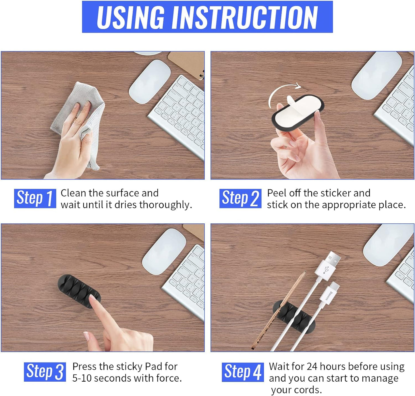 Cable Clips 16 Pack - Self Adhesive Cord Organizer for USB Charging Cables, Power Cord, Mouse Cables, Headphone Cords - Wire Management Solution (Black)