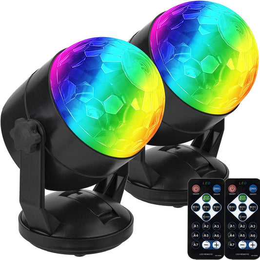 2-Pack Sound-Activated Party Lights - Portable, Remote-Controlled, Battery or USB-Powered, for DJ Lighting, Disco Ball, Strobe, and Stage Effects.