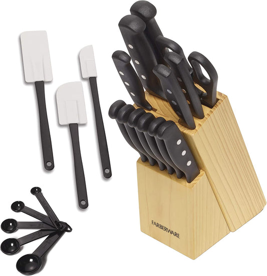 22-Piece Black Knife Block and Kitchen Tool Set: High-Carbon Stainless Steel with Triple Rivet Construction, Never Needs Sharpening.