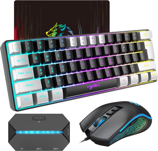 4-in-1 Gaming RGB Wired Keyboard and Mouse Combo - USB Gaming Keyboard with Compact 61 Keys and RGB LED Backlighting, along with a Gaming Mouse with 6400 DPI. Designed for Nintendo, Windows PC Gamers, and PS4.