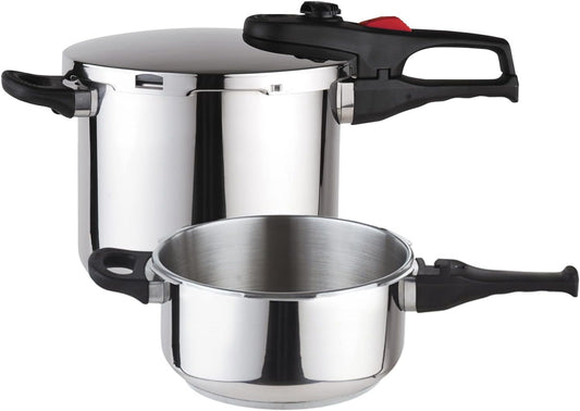 Super Fast Pressure Cooker in 4.2 and 6.3 Quart Sizes: Made from 18/10 Stainless Steel, Suitable for Induction Cooktops, Features Excellent Heat Distribution and an Encapsulated Heat Diffuser Bottom, Equipped with 5 Safety Systems