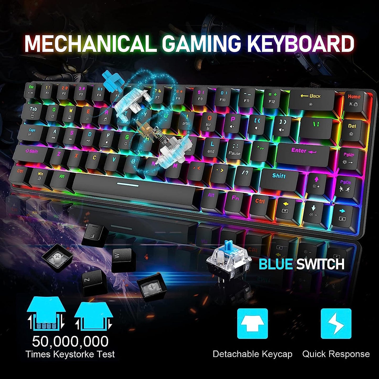 60% Mechanical Gaming Keyboard and Mouse Combo: Ergonomic Mini Anti-Ghosting 68Key with 18 Chroma RGB Backlight. Includes Honeycomb Mice with 6400DPI and Type-C Wired Connection. Ideal for PC, Mac, Gamer  Black+Red