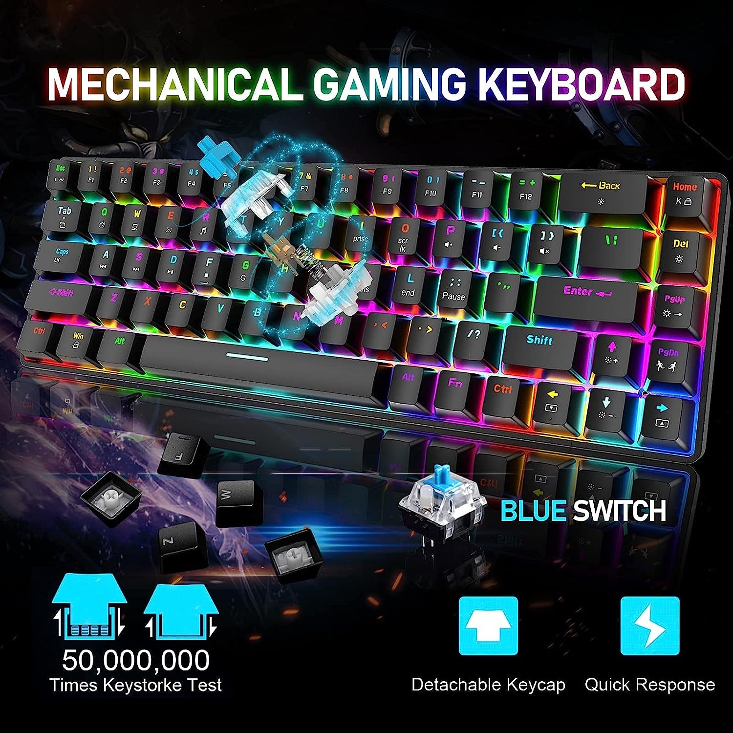 60% Mechanical Gaming Keyboard and Mouse Combo: Ergonomic Mini Anti-Ghosting 68Key with 18 Chroma RGB Backlight. Includes Honeycomb Mice with 6400DPI and Type-C Wired Connection. Ideal for PC, Mac, Gamer  Black+Red