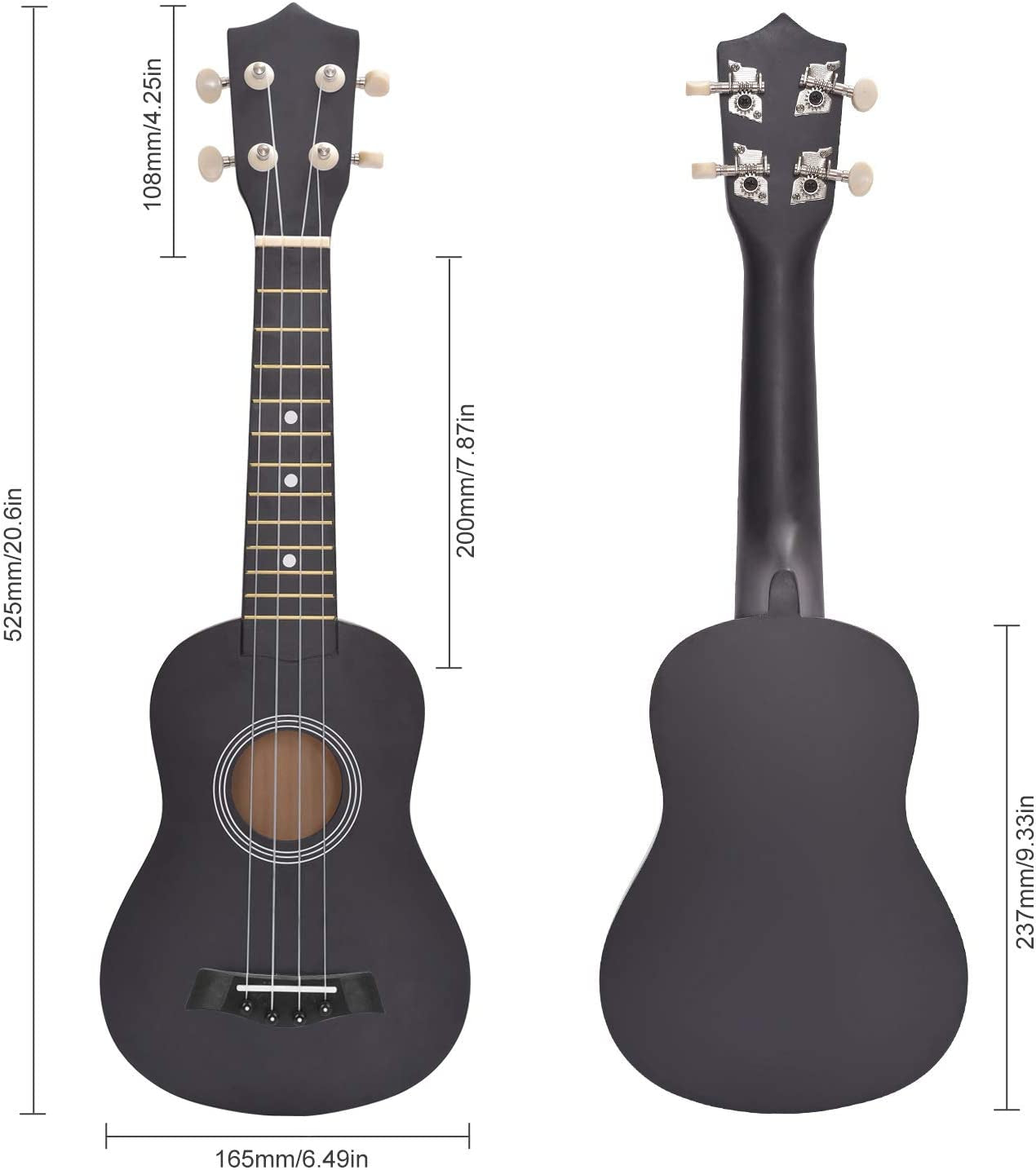 21" Soprano Ukulele - Specifically Designed for Kids, Students, and Beginners. Comes with a Carrying Bag and a Digital Tuner, available in a sleek Black finish.