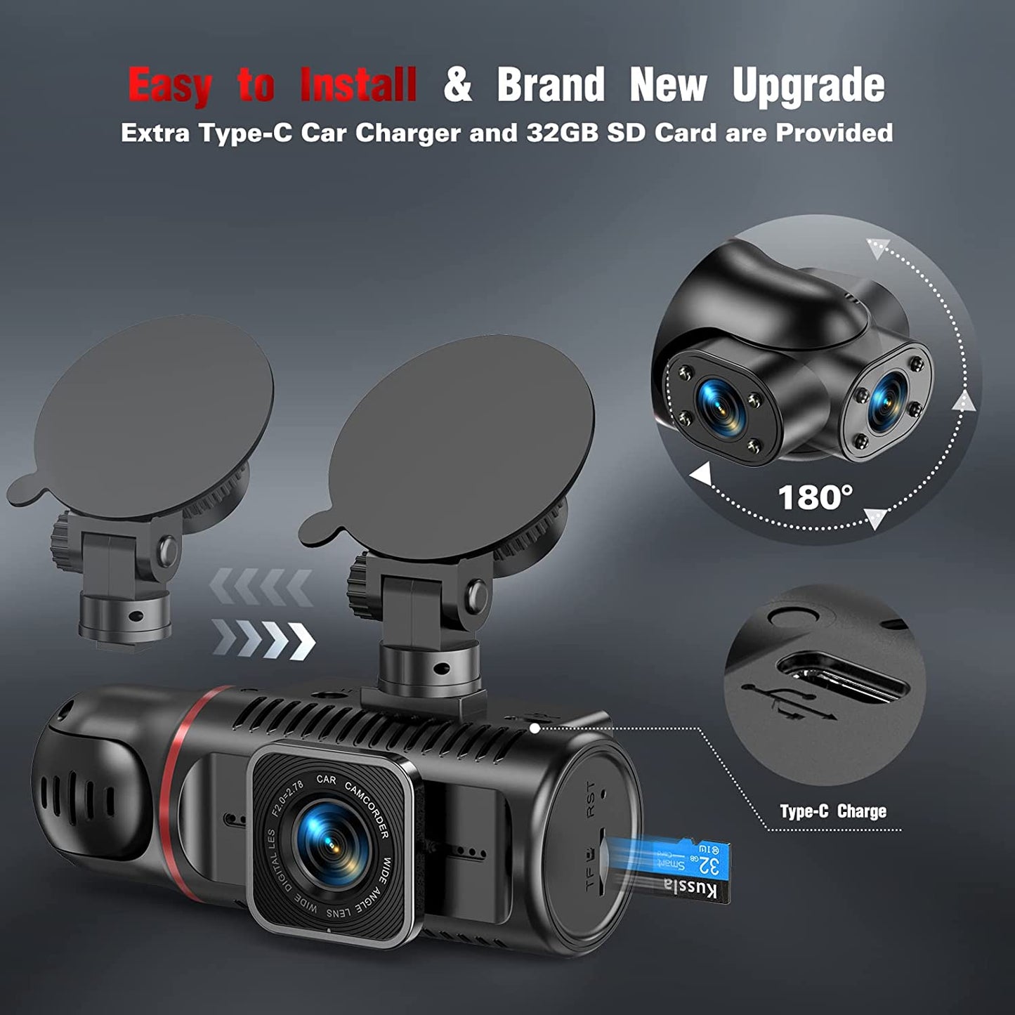 Rotatable Dashcams for Cars with 3 Channel Front and Rear Inside FHD 1080P Dash Cam, SD Card Included, Super Night Vision, Loop Recording, G-Sensor, WDR, and Motion Detection