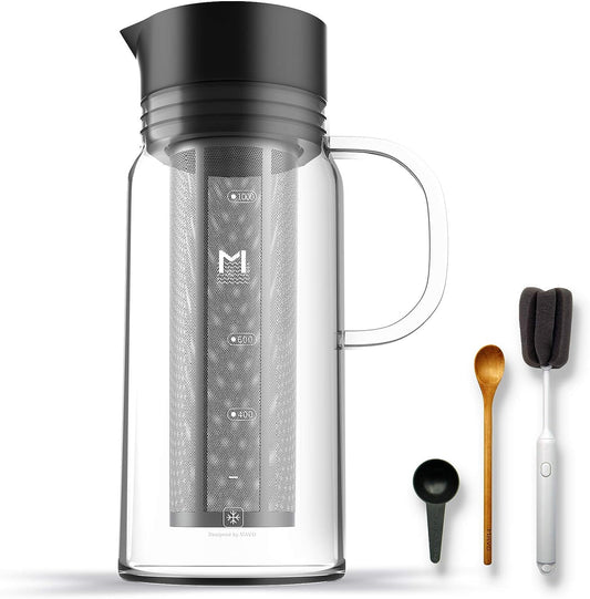 Iced Coffee and Tea Brewer - 34oz/1000ml Capacity, Completely Sealed Design, Incorporating Twin 800-Mesh, Food-Grade 304 Stainless Steel Filters - Detachable Filter for Simple Maintenance - Ideal for Crafting Homemade Iced Coffee and Iced Tea.