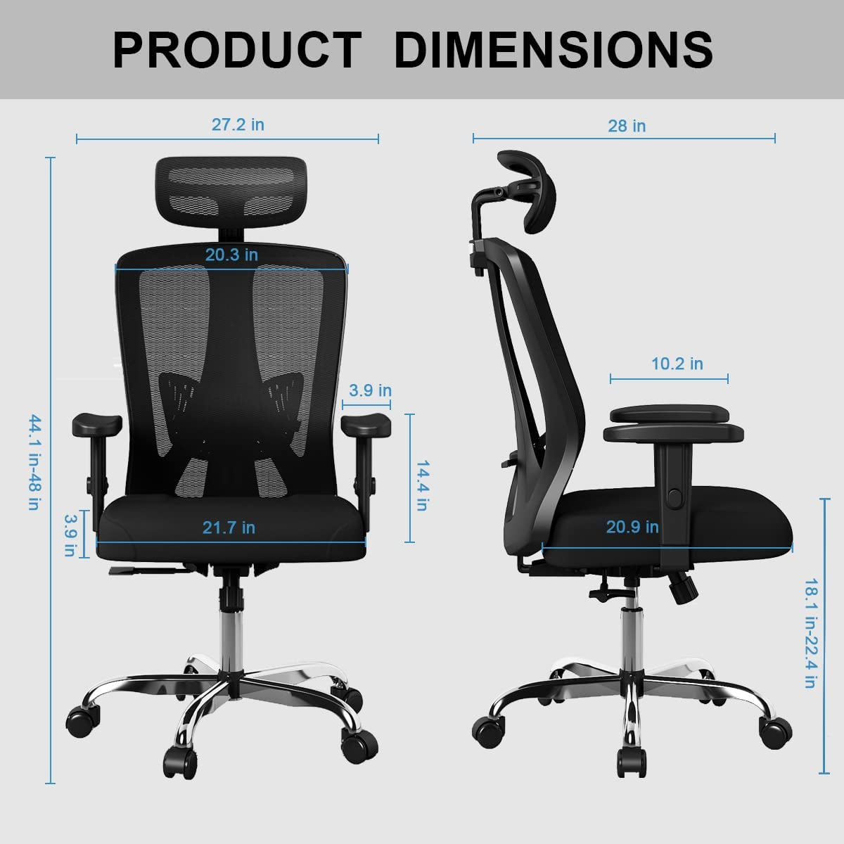 Ergonomic Office Chair - A Home Office Desk Chair with Lumbar Support, Adjustable Headrest, High Back, Mesh Design, Thickened Cushion, and 90°-145° Tilt Function, All in a Sleek Black Finish.