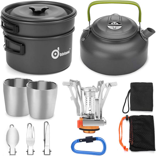 Camping Cookware Mess Kit with Mini Stove and Lightweight Utensils - Pot, Pan, Kettle, Cups, and Cutlery Set for Backpacking, Outdoor Camping, Hiking, and Picnics