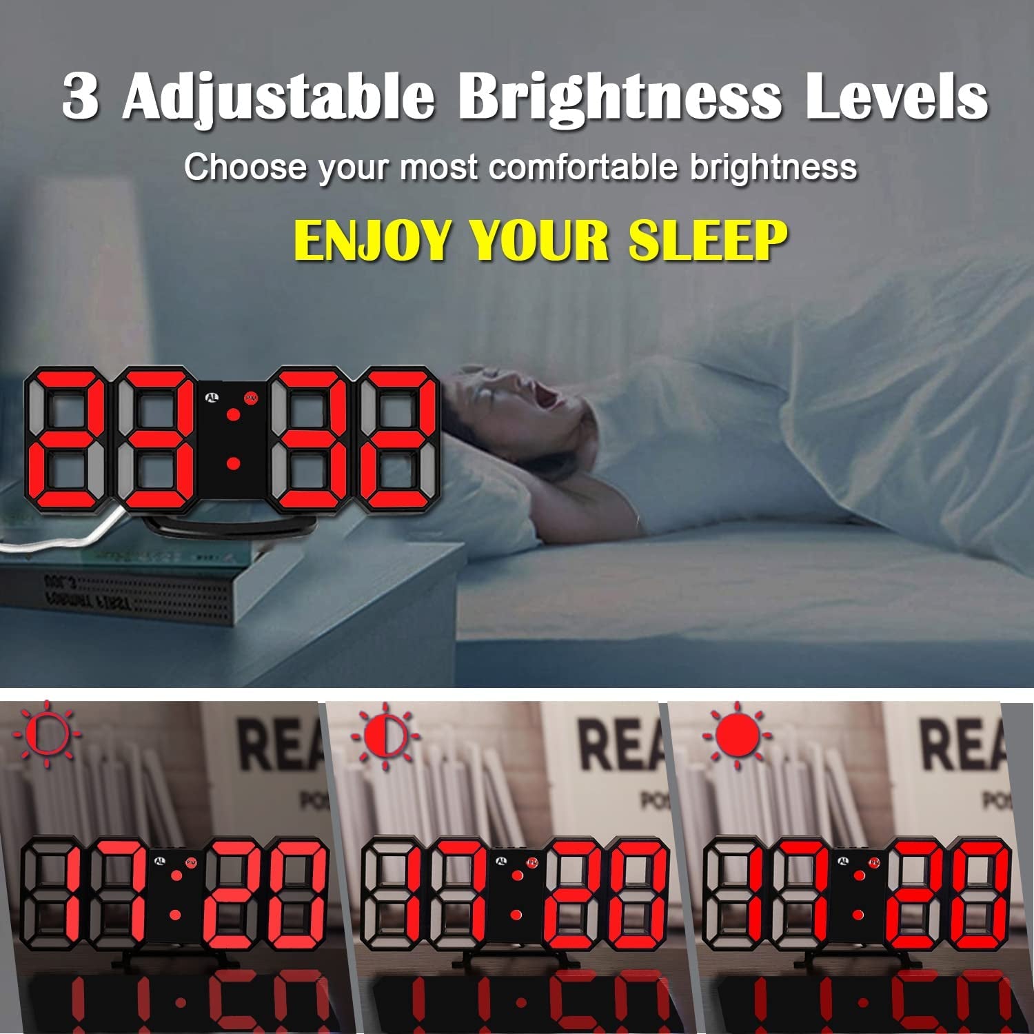 3D LED Night Light Digital Alarm Clock - 8.4" Clock for Bedrooms with Dimmer, 12/24H, Snooze - Ideal for Office, Bedroom, Nightstand, and Desk - Black/Red