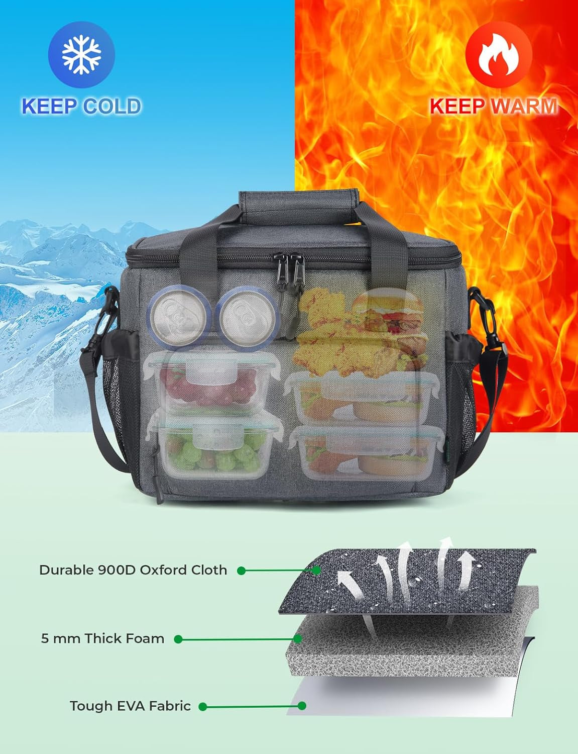  Insulated Lunch Bag with Multiple Pockets, Large Capacity Lunch Box for Adults, Leakproof Cooler Bag for Work, School, and Picnics