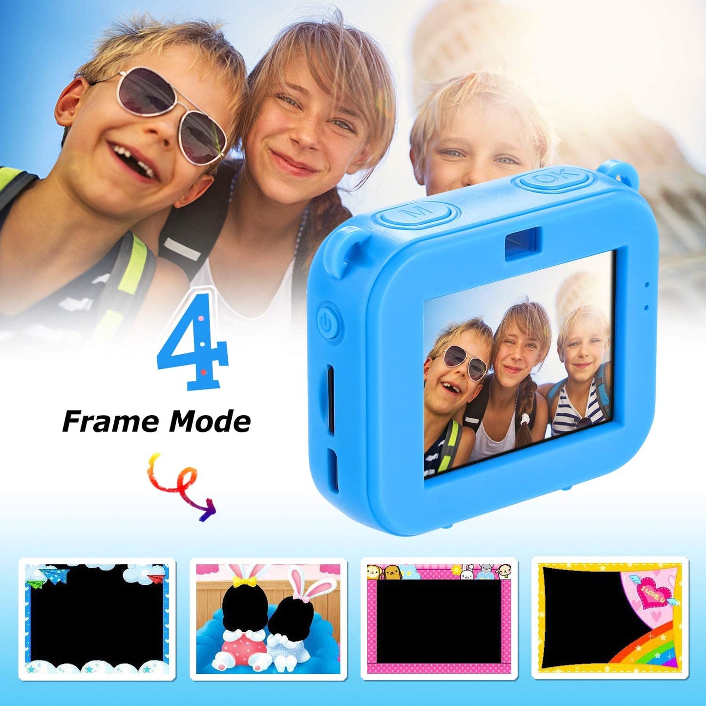 Kids Waterproof Camera - A Digital Underwater Action Camera designed for Kids aged 3-13. It's a perfect Christmas or Birthday Gift, comes with a 32GB TF Card and an Anti-Fall Silicone Case, available in Blue.