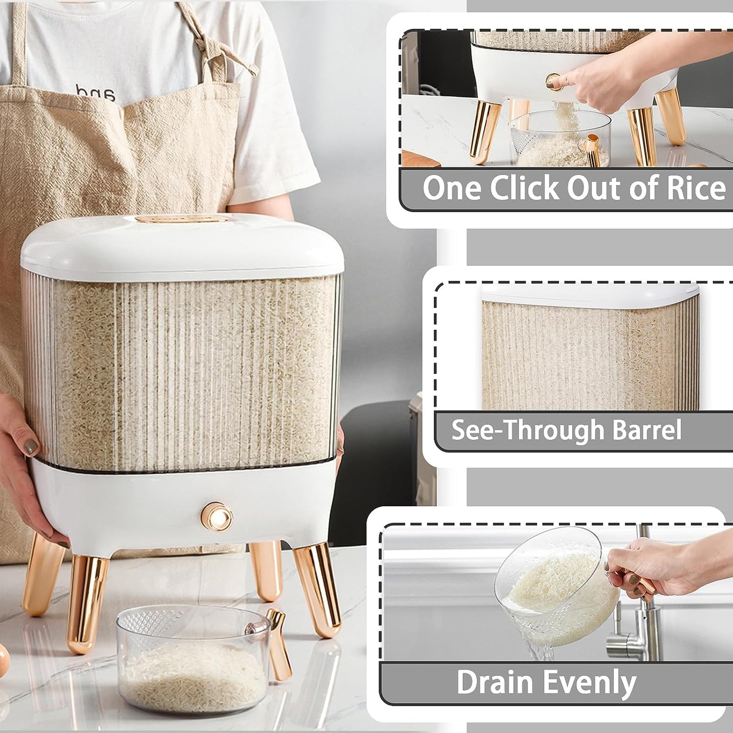 Rice and Cereal Dispenser: 10kg/22lbs Automatic Grain Dispenser with Included Rice Cup, Ideal for Storing Grains, Beans, Flour, Nuts, Coffee, and More in Kitchen Food Storage Containers