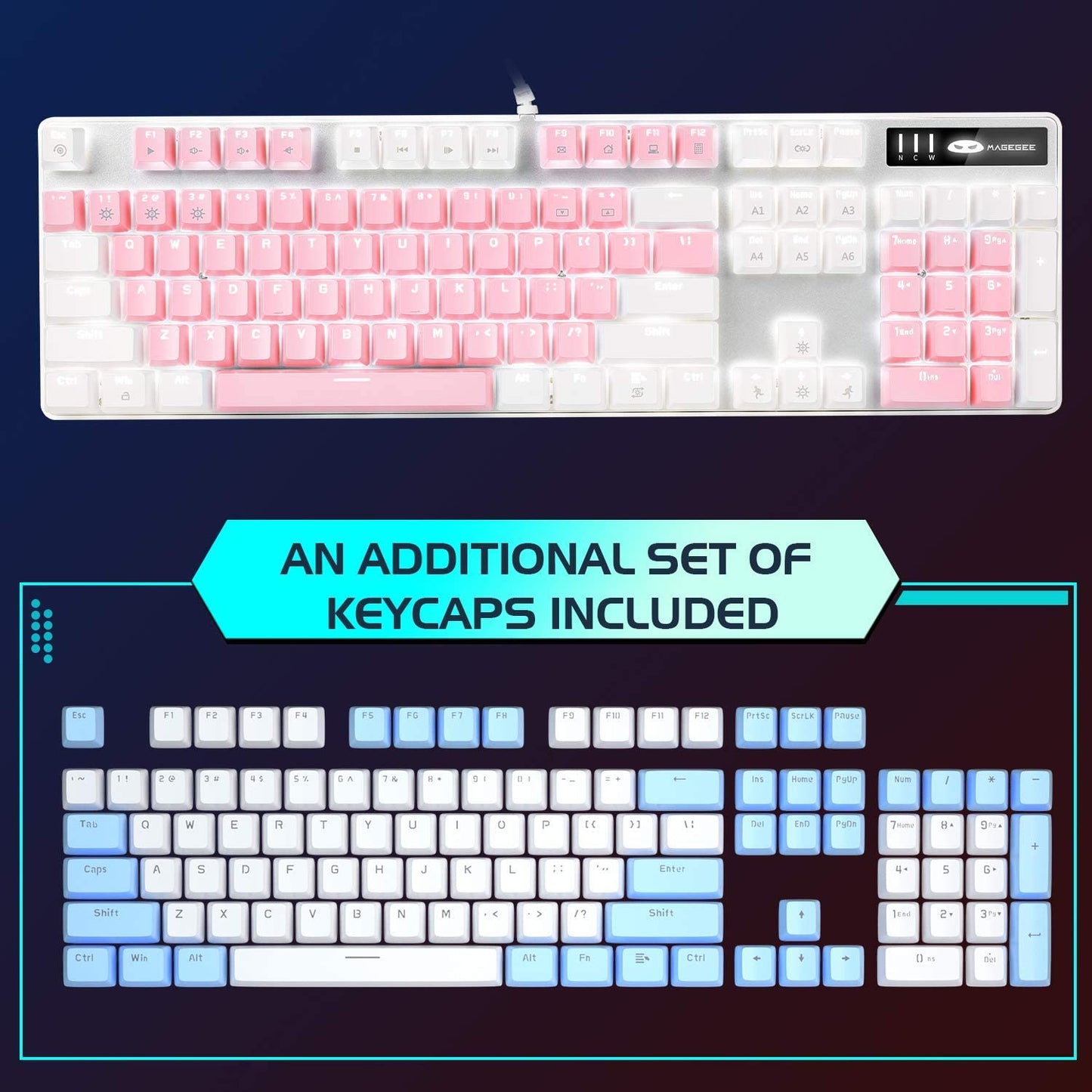 Mechanical Gaming Keyboard, New Upgraded 104 Keys White LED Backlit Keyboard with Blue Switches. USB Wired Mechanical Gaming Keyboard for Computer Laptop PC Gamers White and Pink