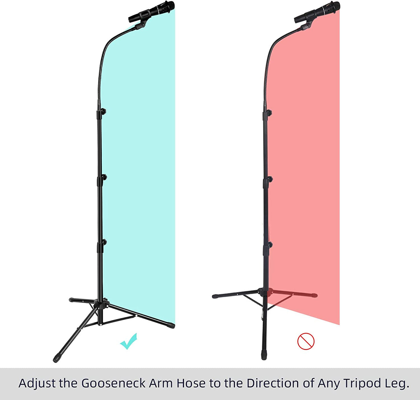 Adjustable Height Tripod Microphone Stand with Gooseneck - Sturdy Mic Stand with Boom Arm, Accompanied by Mic Clips and a 3/8" - 5/8" Adapter for Versatile Use with Most Microphones.