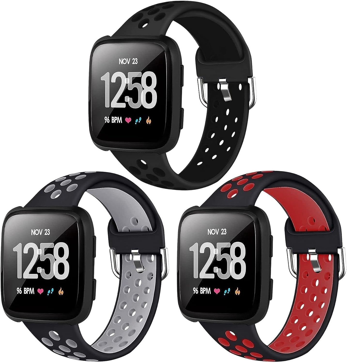 3-Pack Soft Silicone Sport Bands Compatible with Fitbit Versa 2 for Men and Fitbit Versa for Women. These bands are also compatible with Fitbit Versa Lite and Versa SE, available in both Large and Small sizes with Silver Metal Accent.