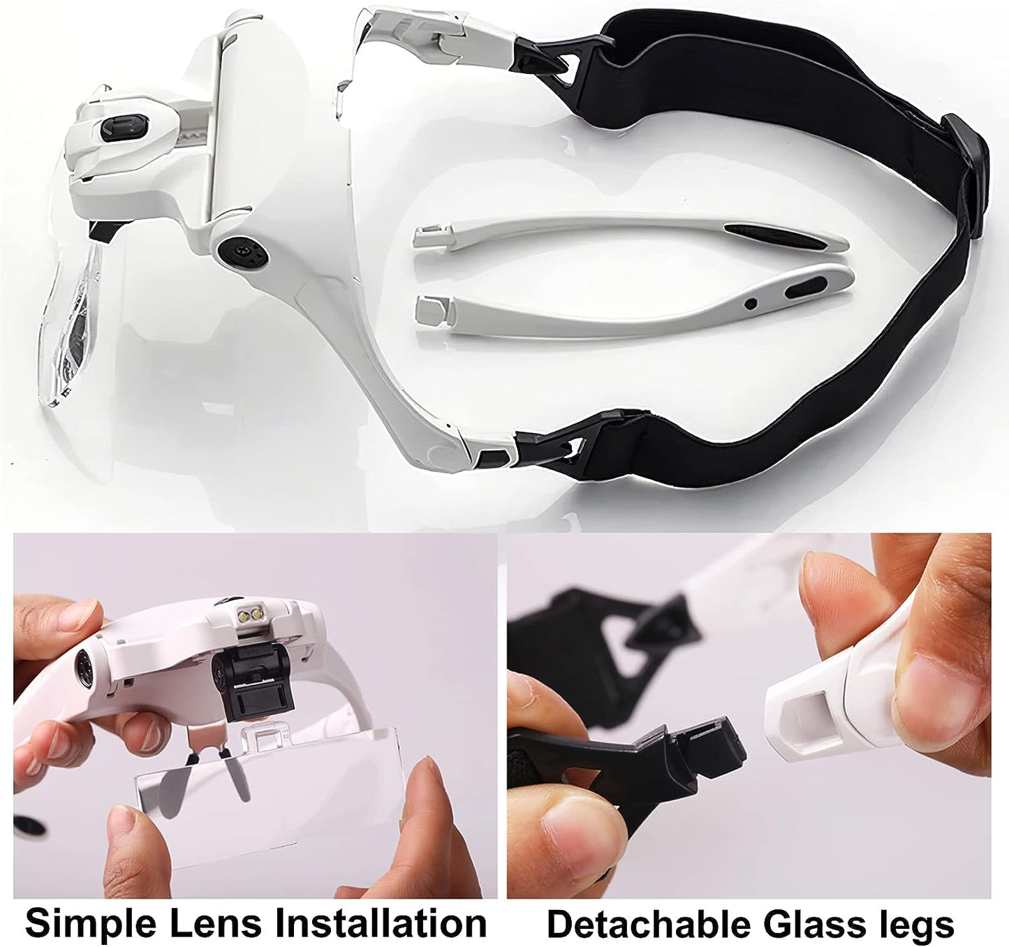 Hands-Free LED Magnifying Lamp Headband Glasses: Illuminated Magnifier Glass for Eyelash Extension, Reading, Jewelry Loupe, and Repairing, Includes 5 Lenses