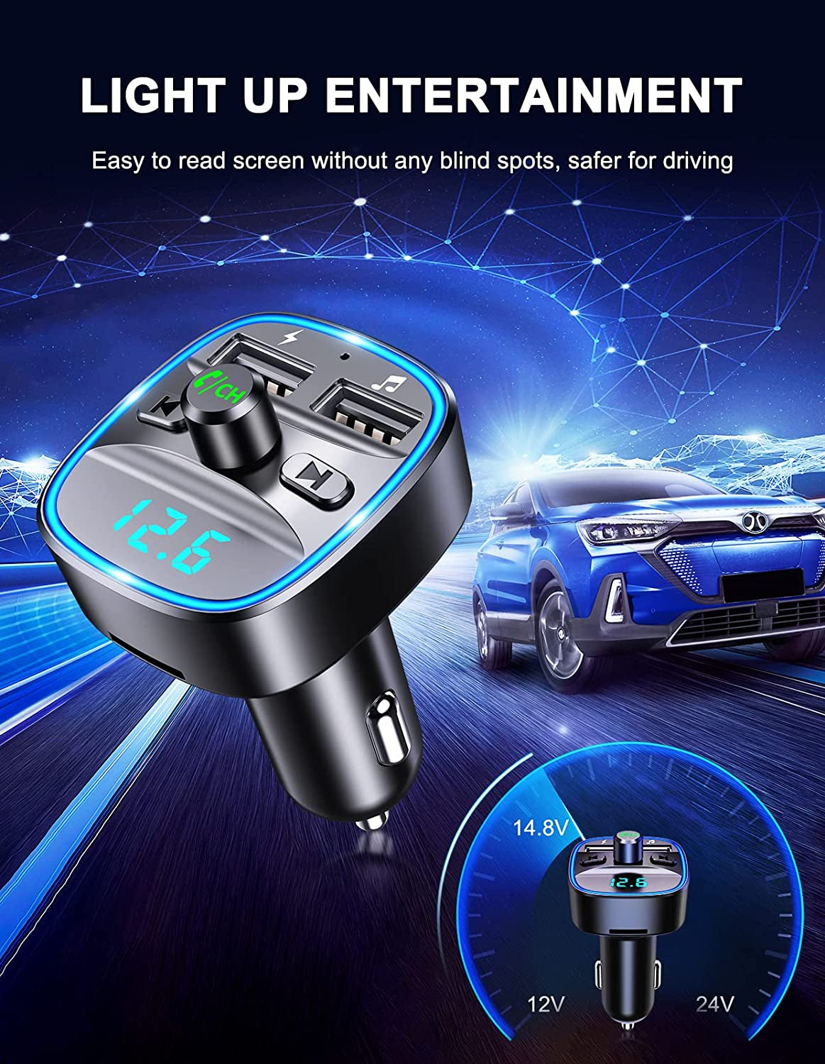 Bluetooth 5.0 FM Transmitter with Ambient Light, Dual USB Ports, Hands-Free Calling, and SD Card/USB U-Disk Support