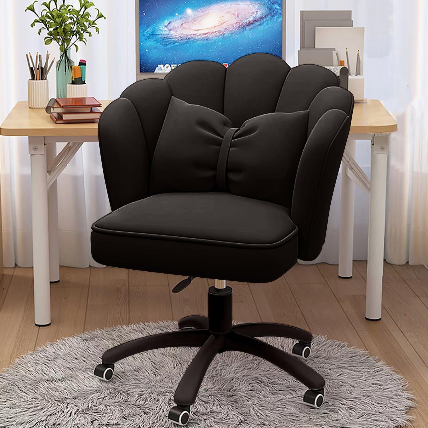 Cute Petal Office Desk Chair, Modern Fabric Height Adjustable Chair Makeup Chairs Computer Chairs (Modern, Black)