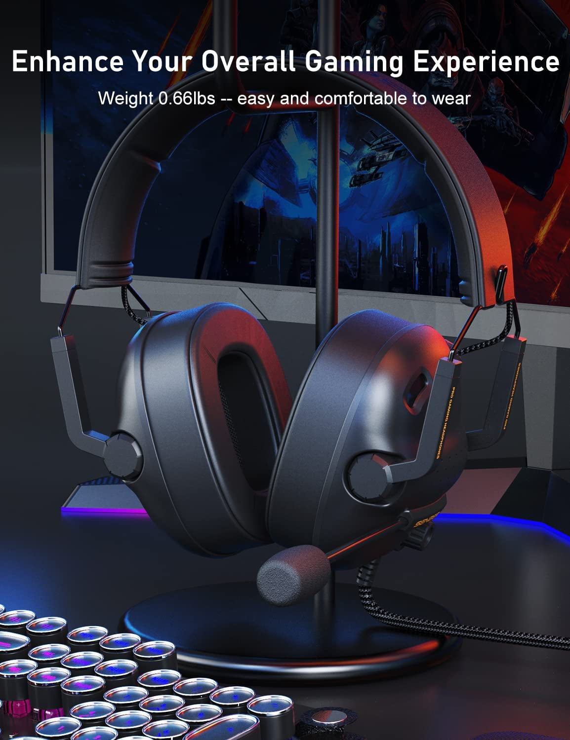 Surround Sound Pro Gaming Headset SG500: Noise Cancelling Microphone, Detachable Memory Foam Ear Pads. Portable Foldable Headphones for PC, PS4, PS5, Xbox One, Switch.