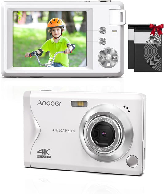 4K Ultra HD Kids Camera - A Portable Camera with a 3.0'' TFT screen, 48MP resolution, 16X Zoom, Auto Focus, Self-Timer, Face Detection, and Anti-Shaking features. It includes 2 Batteries and a Hand Strap, making it an ideal gift for children.