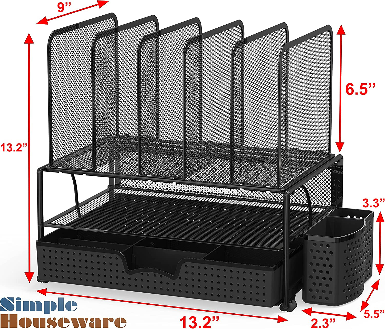 Simple Mesh Desk Organizer - Sliding Drawer, Double Tray and 5 Upright Sections, Black