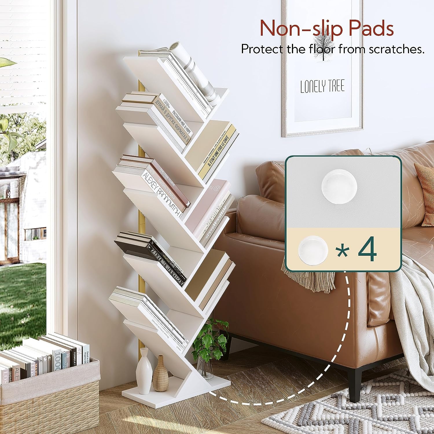 Geometric Tree Bookshelf with Steel Pipe - A Stylish Floor Standing Bookcase for Living Room, Bedroom, Home Office. Available in Gold and White.