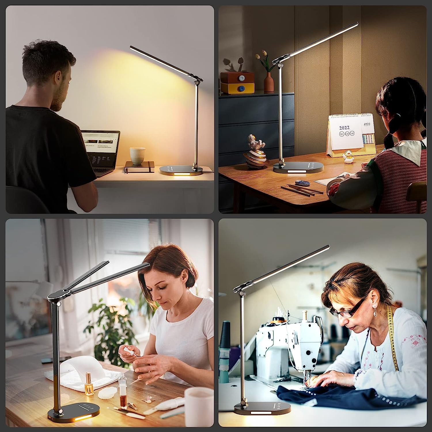 Dual Swing Arm LED Desk Lamp: Equipped with USB Charging Port and Night Light Function. This Desk Lamp offers 5 Color Modes, 5 Brightness Levels, and Touch Control. Ideal for Desktop, Office, or Table Use with Convenient Plug.