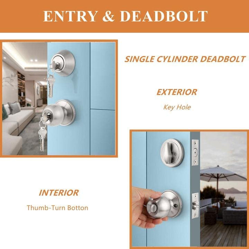 Entry Door Knob and Deadbolt Lock Set - Includes 3 Sets of Handlesets with Single Cylinder Deadbolts Keyed Alike. Suitable for Right or Left-Handed Doors, for both Exterior and Interior Use.