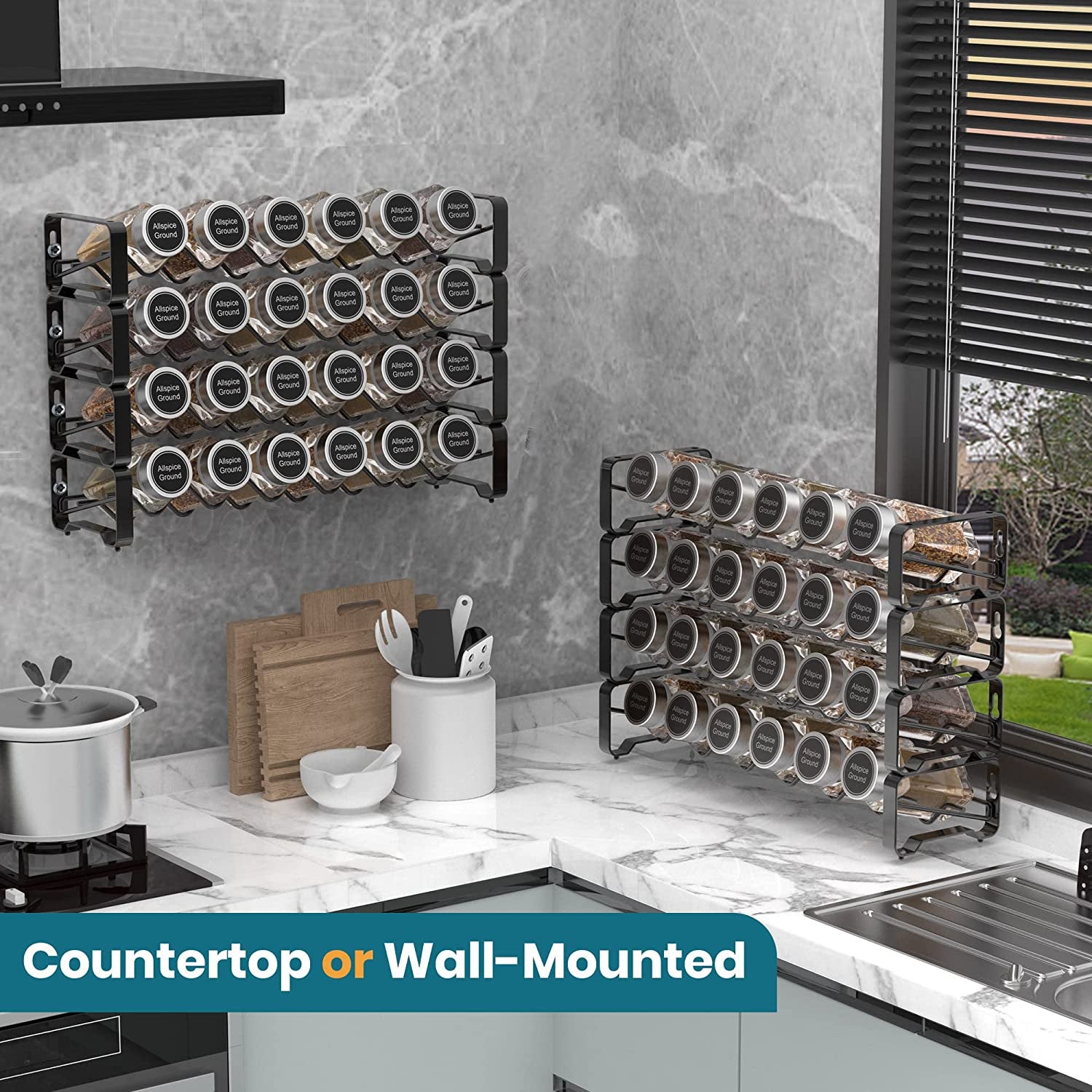 4-Tier Spice Rack with 24 Glass Jars, Labels, Marker, Funnel - Wall Mounted or Free Standing.